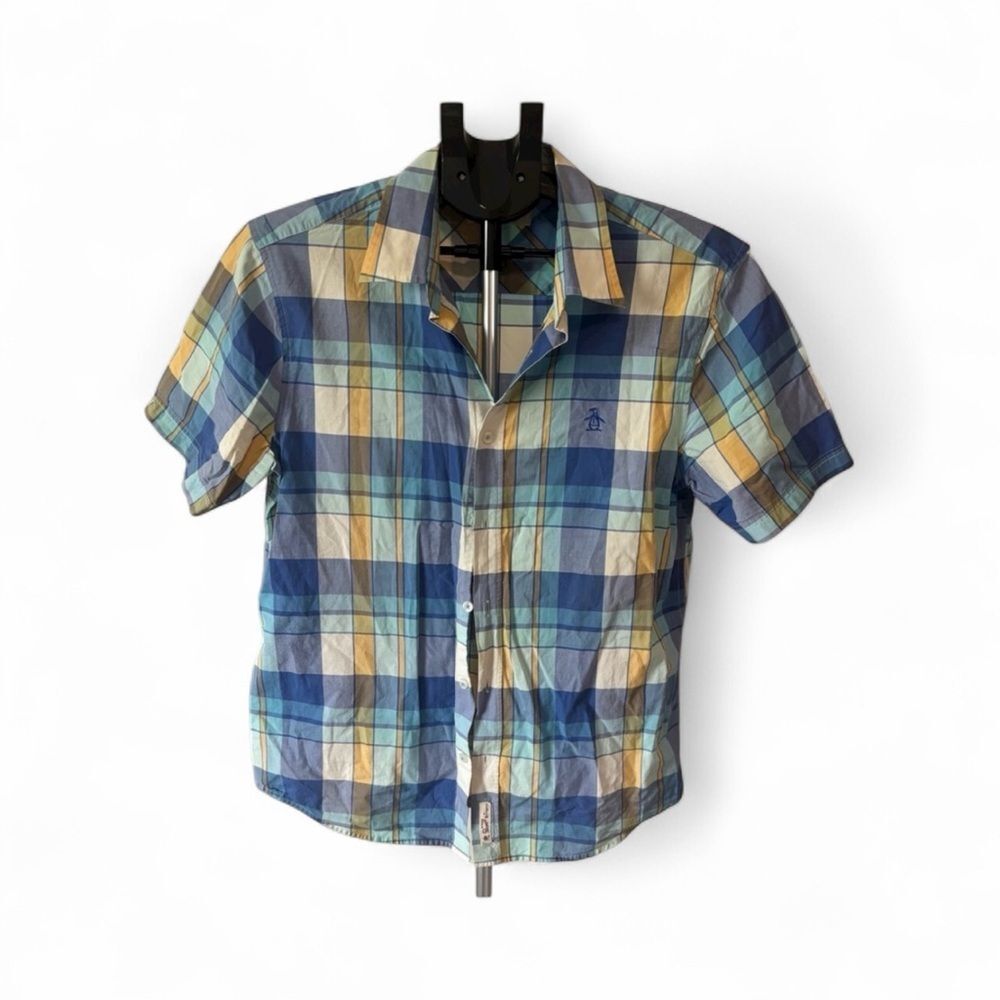 Mens‎ Original Penguin Heritage Slim Fit Plaid Button-Down Medium Short Sleeve -